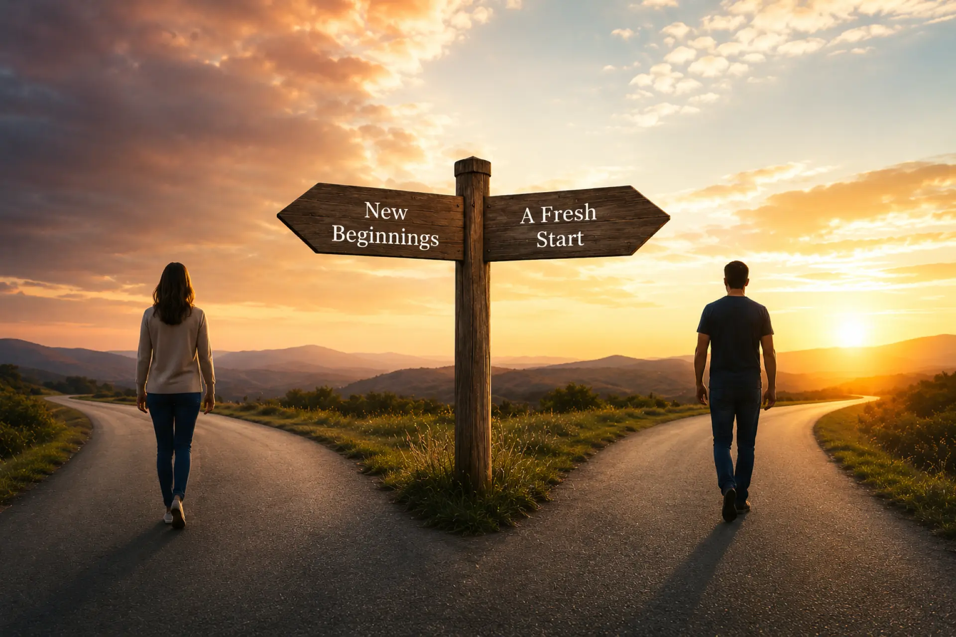 Two paths forward at sunrise — a new beginning